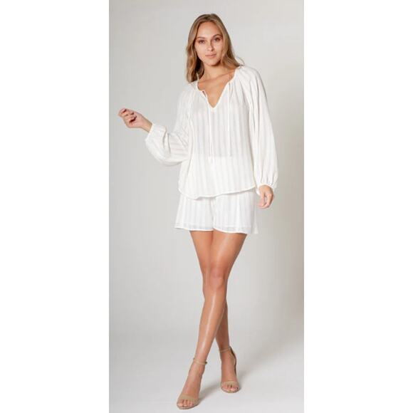 Maven West Size Small Tie Neck Boho Peasant Top White Rayon Raw Hem Long Sleeves - Picture 1 of 10